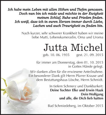 Traueranzeige von Jutta Michel von Mitteldeutsche Zeitung Wittenberg