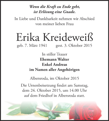 Traueranzeige von Erika Kreideweiß von WVG - Wochenspiegel Merseburg