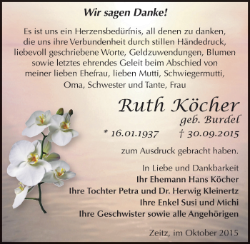 Traueranzeige von Ruth Köcher von Mitteldeutsche Zeitung Zeitz