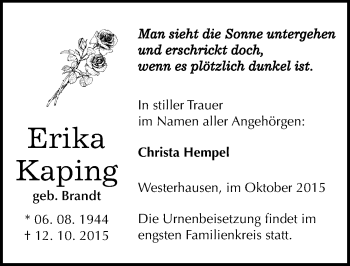 Traueranzeige von Erika Kaping von Mitteldeutsche Zeitung Quedlinburg
