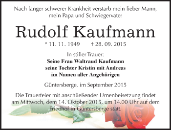 Traueranzeige von Rudolf Kaufmann von Mitteldeutsche Zeitung Quedlinburg