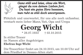 Traueranzeige von Georg Wicht von WVG - Wochenspiegel Dessau / Köthen