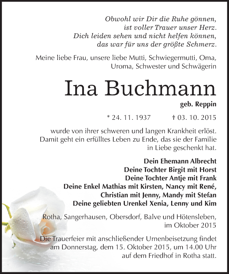  Traueranzeige für Ina Buchmann vom 09.10.2015 aus Mitteldeutsche Zeitung Sangerhausen