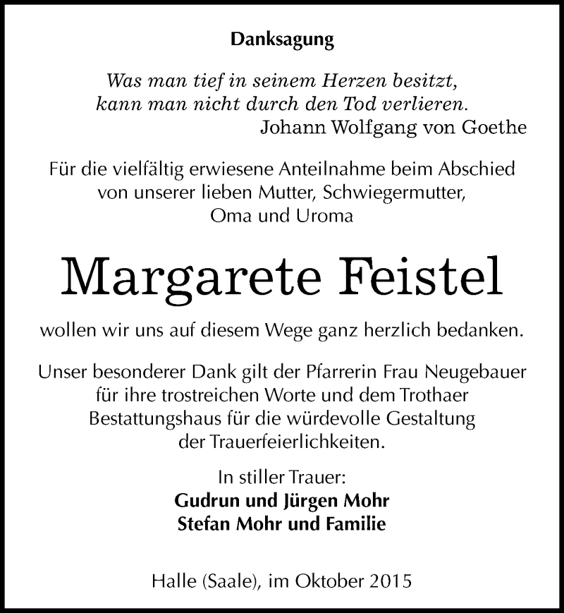  Traueranzeige für Margarete Feistel vom 24.10.2015 aus Mitteldeutsche Zeitung Halle/Saalkreis