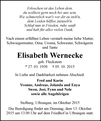 Traueranzeige von Elisabeth Wernecke von Mitteldeutsche Zeitung Sangerhausen