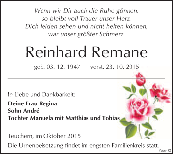 Traueranzeige von Reinhard Remane von WVG - Wochenspiegel NMB / WSF / ZTZ