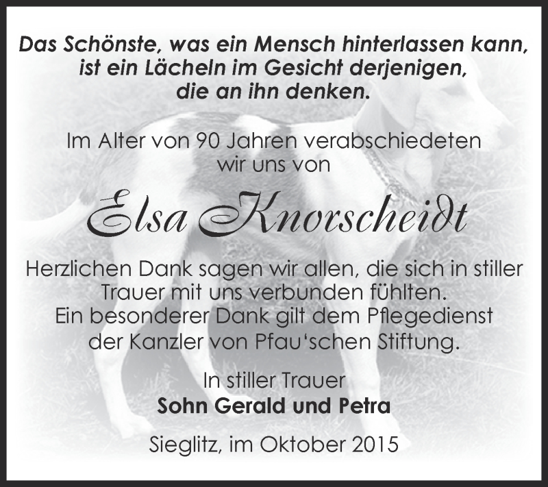  Traueranzeige für Elsa Knorscheidt vom 03.10.2015 aus Super Sonntag Bernburg