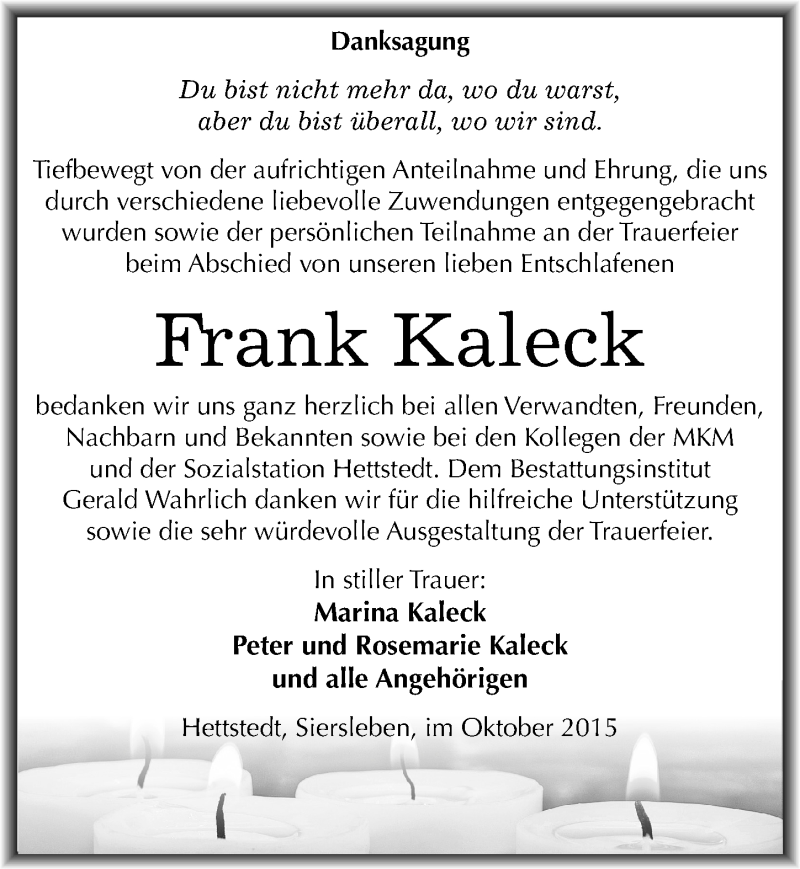  Traueranzeige für Frank Kaleck vom 28.10.2015 aus Mitteldeutsche Zeitung Mansfelder Land