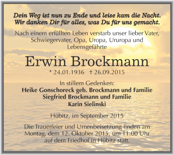Traueranzeige von Erwin Brockmann von Wochenspiegel Mansfelder Land