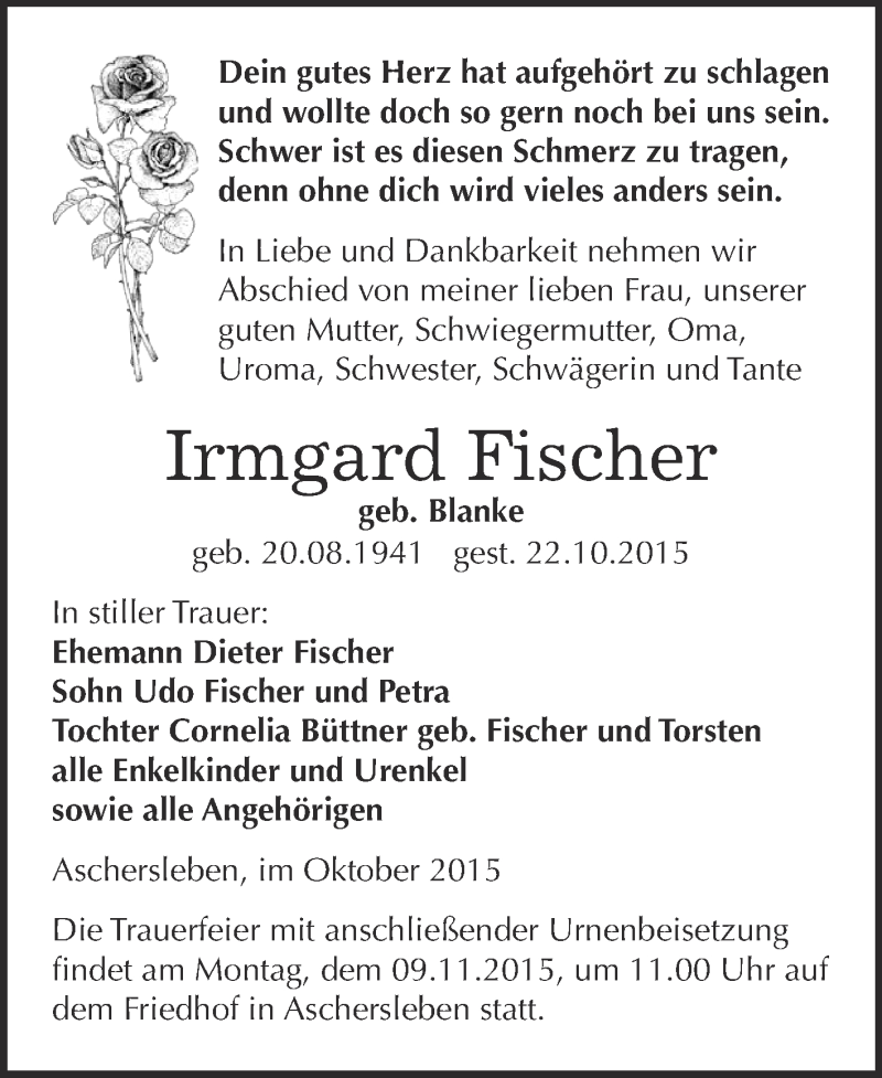  Traueranzeige für Irmgard Fischer vom 31.10.2015 aus Super Sonntag Aschersleben
