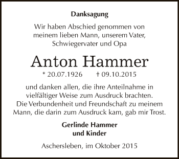 Traueranzeige von Anton Hammer von Super Sonntag Aschersleben