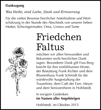 Traueranzeige von Friedchen Faltus von Mitteldeutsche Zeitung Sangerhausen