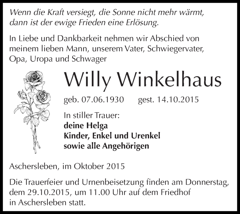  Traueranzeige für Willy Winkelhaus vom 21.10.2015 aus Super Sonntag Aschersleben