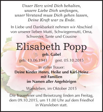 Traueranzeige von Elisabeth Popp von Mitteldeutsche Zeitung Mansfelder Land