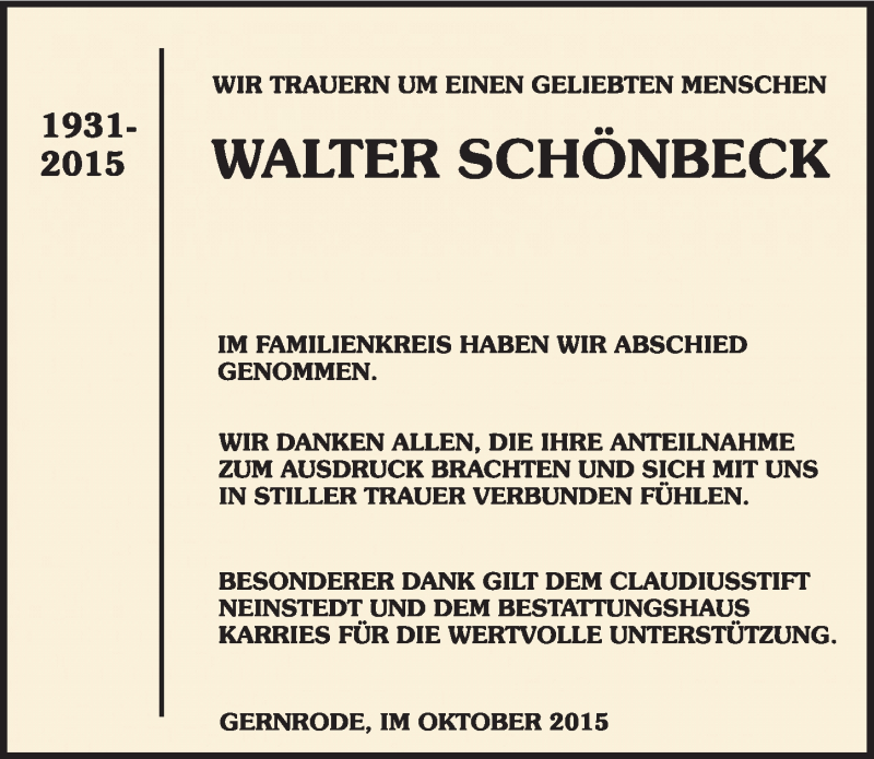  Traueranzeige für Walter Schönbeck vom 17.10.2015 aus Mitteldeutsche Zeitung Quedlinburg
