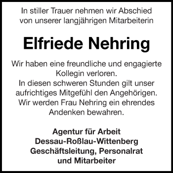 Traueranzeige von Elfriede Nehring von Super Sonntag Dessau / Köthen