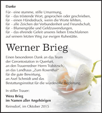 Traueranzeige von Werner Brieg von WVG - Wochenspiegel NMB / WSF / ZTZ