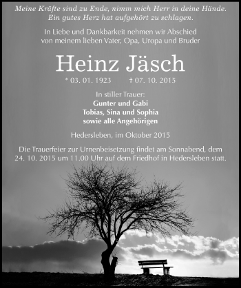 Traueranzeige von Heinz Jäsch von Mitteldeutsche Zeitung Mansfelder Land