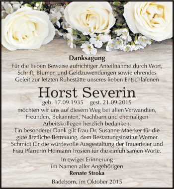 Traueranzeige von Horst Severin von Mitteldeutsche Zeitung Quedlinburg