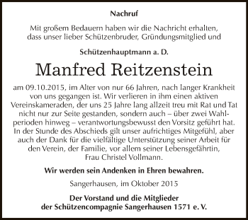 Traueranzeige von Manfred Reitzenstein von Super Sonntag SGH Mansf. Land