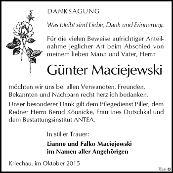 Traueranzeige von Günter Maciejewski von WVG - Wochenspiegel NMB / WSF / ZTZ