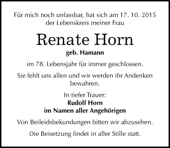 Traueranzeige von Renate Horn von Mitteldeutsche Zeitung Halle/Saalkreis