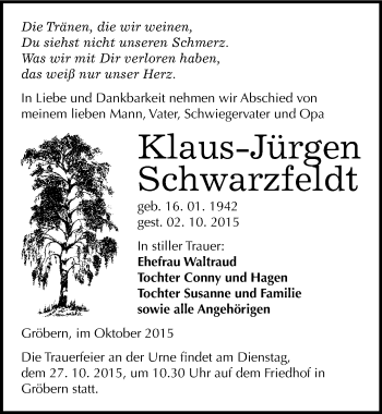 Traueranzeige von Klaus-Jürgen Schwarzfeldt von Mitteldeutsche Zeitung Wittenberg