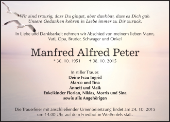 Traueranzeige von Manfred Alfred Peter von Mitteldeutsche Zeitung Weißenfels