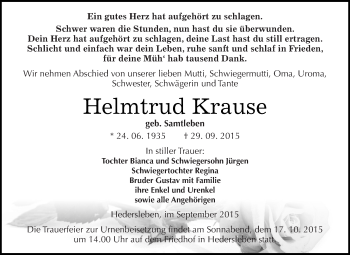 Traueranzeige von Helmtrud Krause von Super Sonntag SGH Mansf. Land