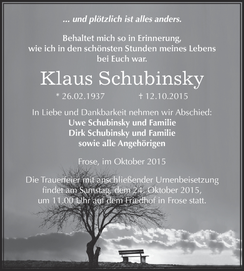  Traueranzeige für Klaus Schubinsky vom 17.10.2015 aus Super Sonntag Aschersleben
