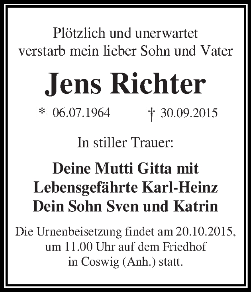  Traueranzeige für Jens Richter vom 10.10.2015 aus WVG - Wochenspiegel Dessau / Köthen