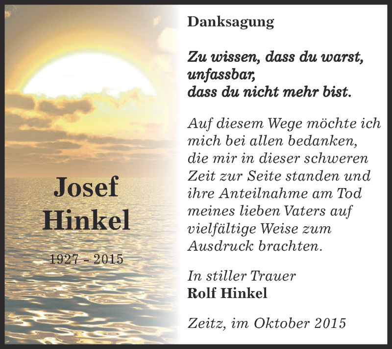  Traueranzeige für Josef Hinkel vom 10.10.2015 aus Super Sonntag Zeitz