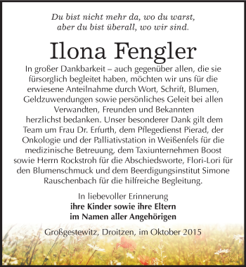 Traueranzeige von Ilona Fengler von Mitteldeutsche Zeitung Naumburg/Nebra