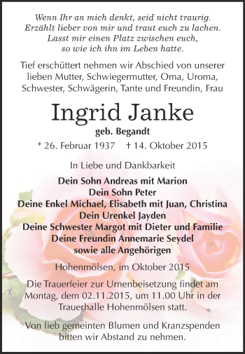 Traueranzeige von Ingrid Janke von WVG - Wochenspiegel NMB / WSF / ZTZ