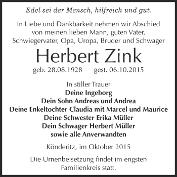 Traueranzeige von Herbert Zink von Super Sonntag Zeitz