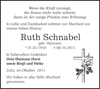 Traueranzeige von Ruth Schnabel von Super Sonntag Zeitz