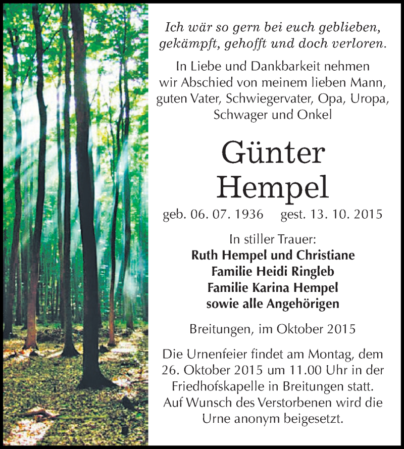  Traueranzeige für Günter Hempel vom 24.10.2015 aus Super Sonntag SGH Mansf. Land