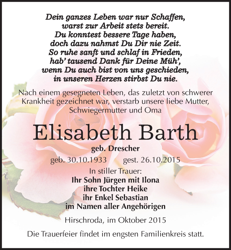  Traueranzeige für Elisabeth Barth vom 28.10.2015 aus Mitteldeutsche Zeitung Naumburg/Nebra