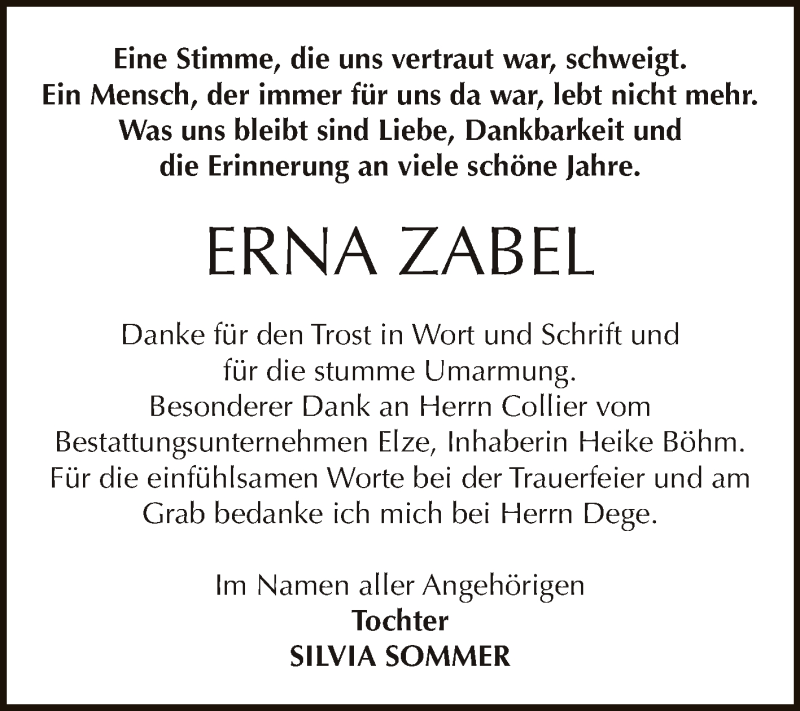  Traueranzeige für Erna Zabel vom 03.10.2015 aus WVG - Wochenspiegel Dessau / Köthen