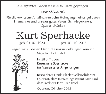Traueranzeige von Kurt Sperhacke von WVG - Wochenspiegel Merseburg