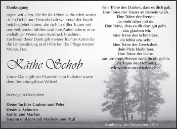Traueranzeige von Käthe Schob von Super Sonntag Zeitz