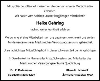 Traueranzeige von Heike Oehring von Mitteldeutsche Zeitung Quedlinburg