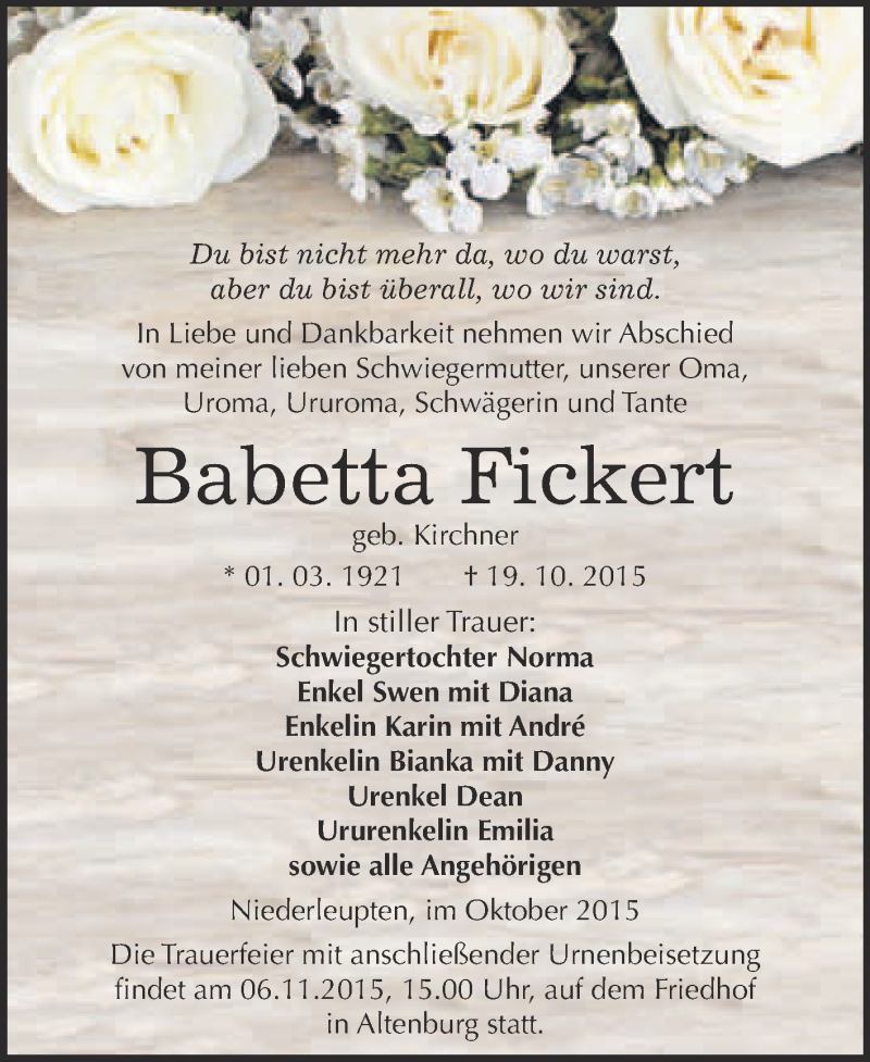  Traueranzeige für Babetta Fickert vom 28.10.2015 aus WVG - Wochenspiegel NMB / WSF / ZTZ