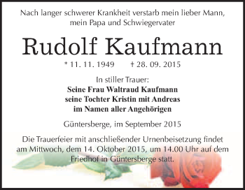 Traueranzeige von Rudolf Kaufmann von WVG - Wochenspiegel Quedlinburg
