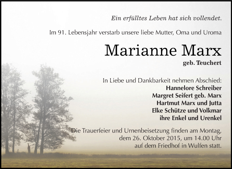  Traueranzeige für Marianne Marx vom 10.10.2015 aus WVG - Wochenspiegel Dessau / Köthen