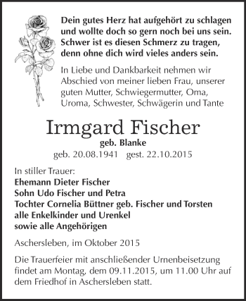 Traueranzeige von Irmgard Fischer von Super Sonntag Aschersleben