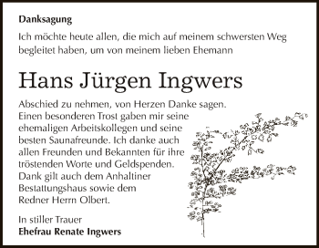 Traueranzeige von Hans Jürgen Ingwers von WVG - Wochenspiegel Dessau / Köthen