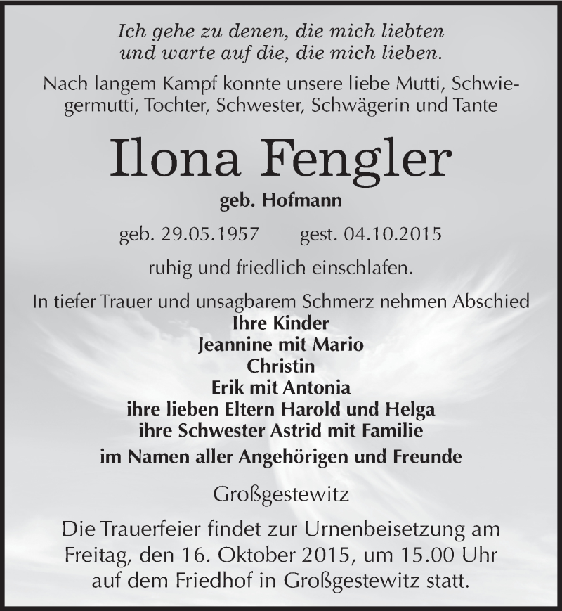  Traueranzeige für Ilona Fengler vom 15.10.2015 aus Mitteldeutsche Zeitung Naumburg/Nebra