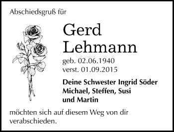 Traueranzeige von Gerd Lehmann von Mitteldeutsche Zeitung Halle/Saalkreis