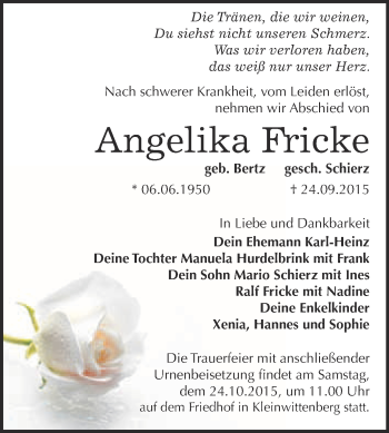 Traueranzeige von Angelika Fricke von Super Sonntag Wittenberg